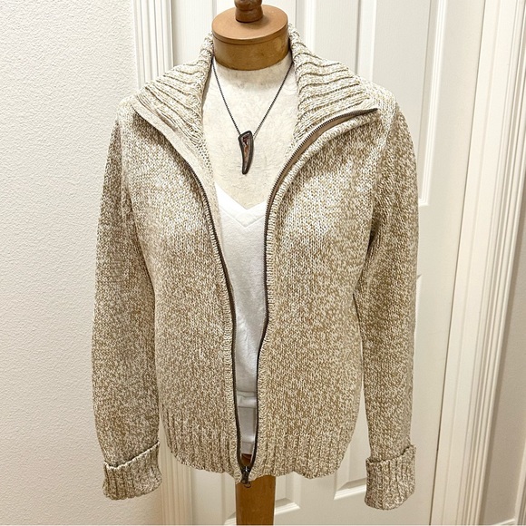 Vintage Gap Women’s Chunky Knit Sweater w/Full Zip Front, Marled Camel/White - L - Picture 2 of 15